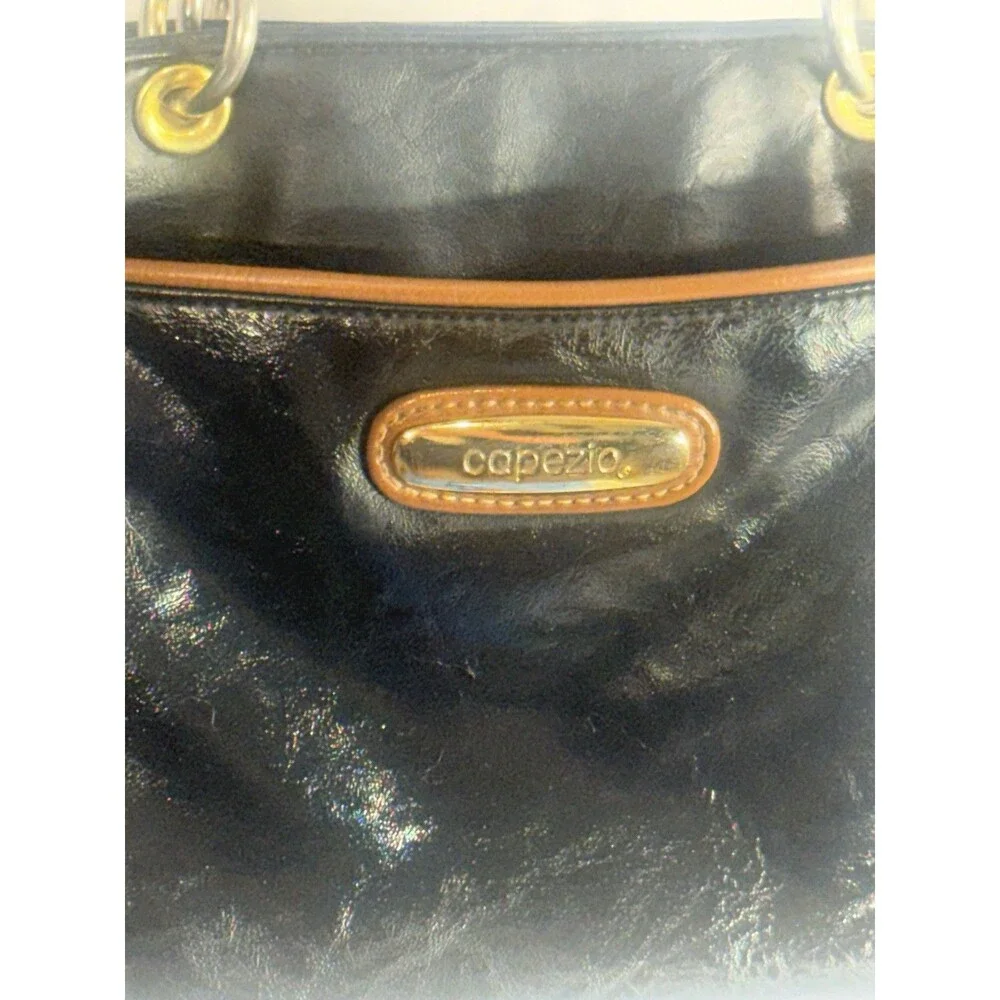 Vintage Capezio Faux Leather Crossbody Shoulder Bag Purse black w/Brown Trim